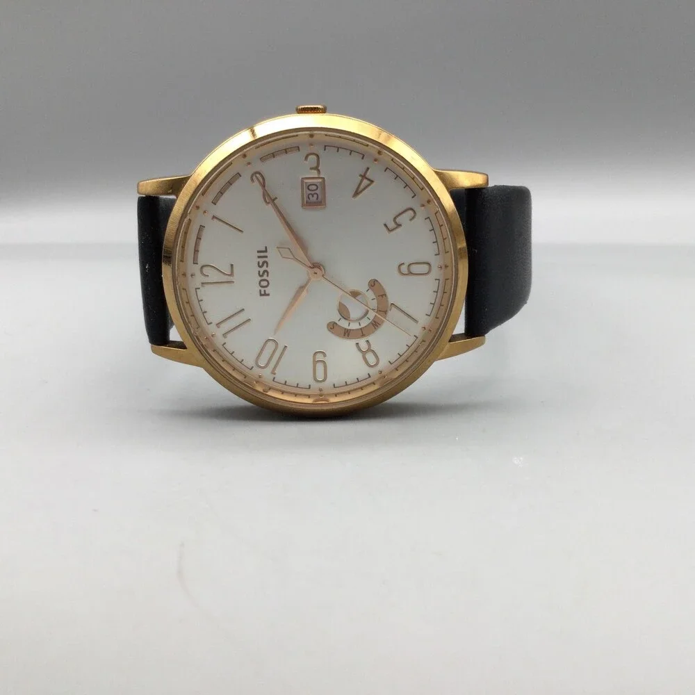 Fossil ES3751 Womens Watch 40mm Silver Gold Tone Black Leather Date New Battery